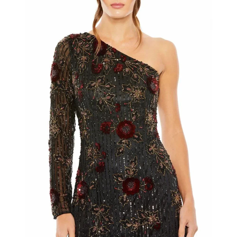 Mac Duggal NEW Black One Shoulder Floral Leaf Embellished Mini Dress $558 Size 6